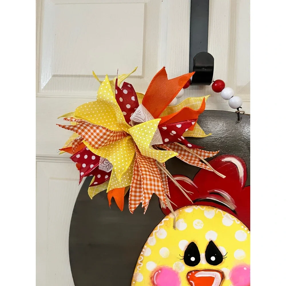 Hand Painted Wooden Chicken Hello Door Hanger Farmhouse Decor Yellow Orange Bow